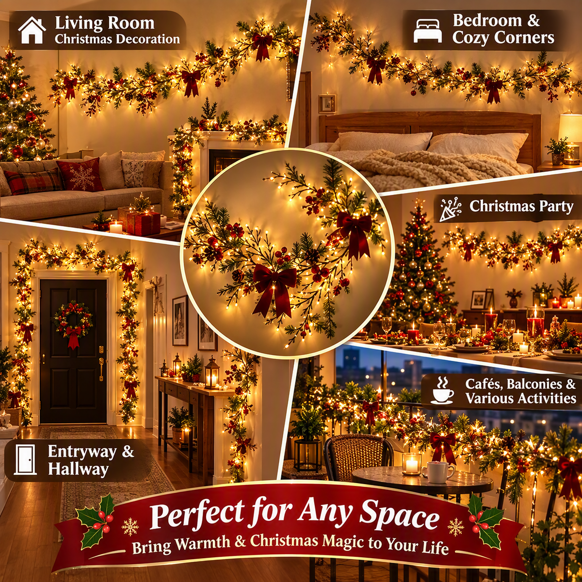 Christmas Vine Wall Lights – Flexible LED Branch Garland with Bows