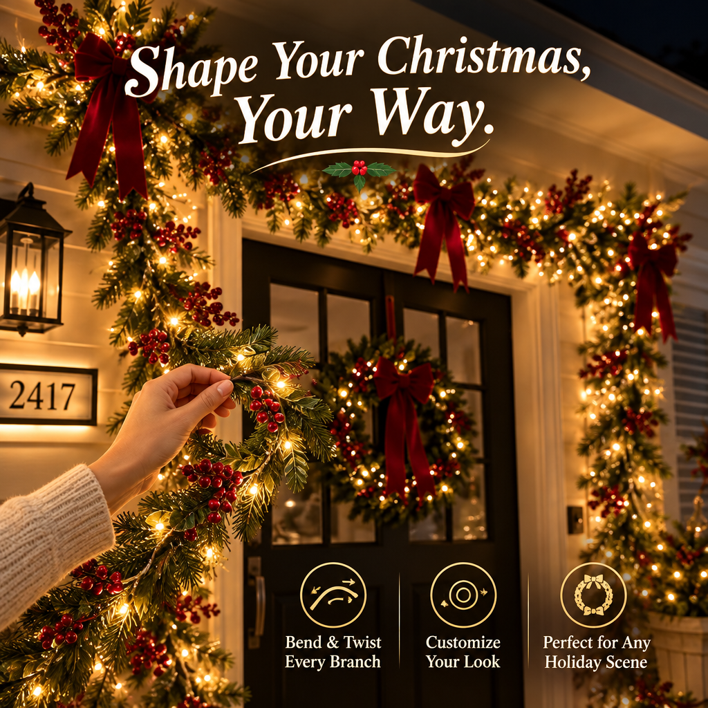 Christmas Vine Wall Lights – Flexible LED Branch Garland with Bows