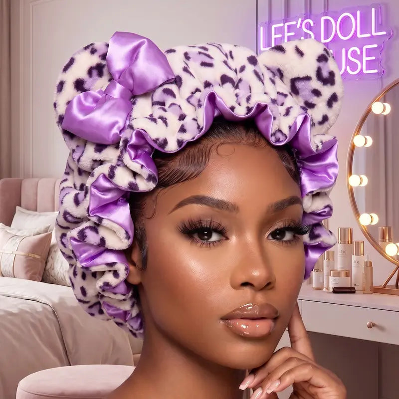 Leopard Print Satin Sleep Cap – Plush Bear Ear Hair Protection