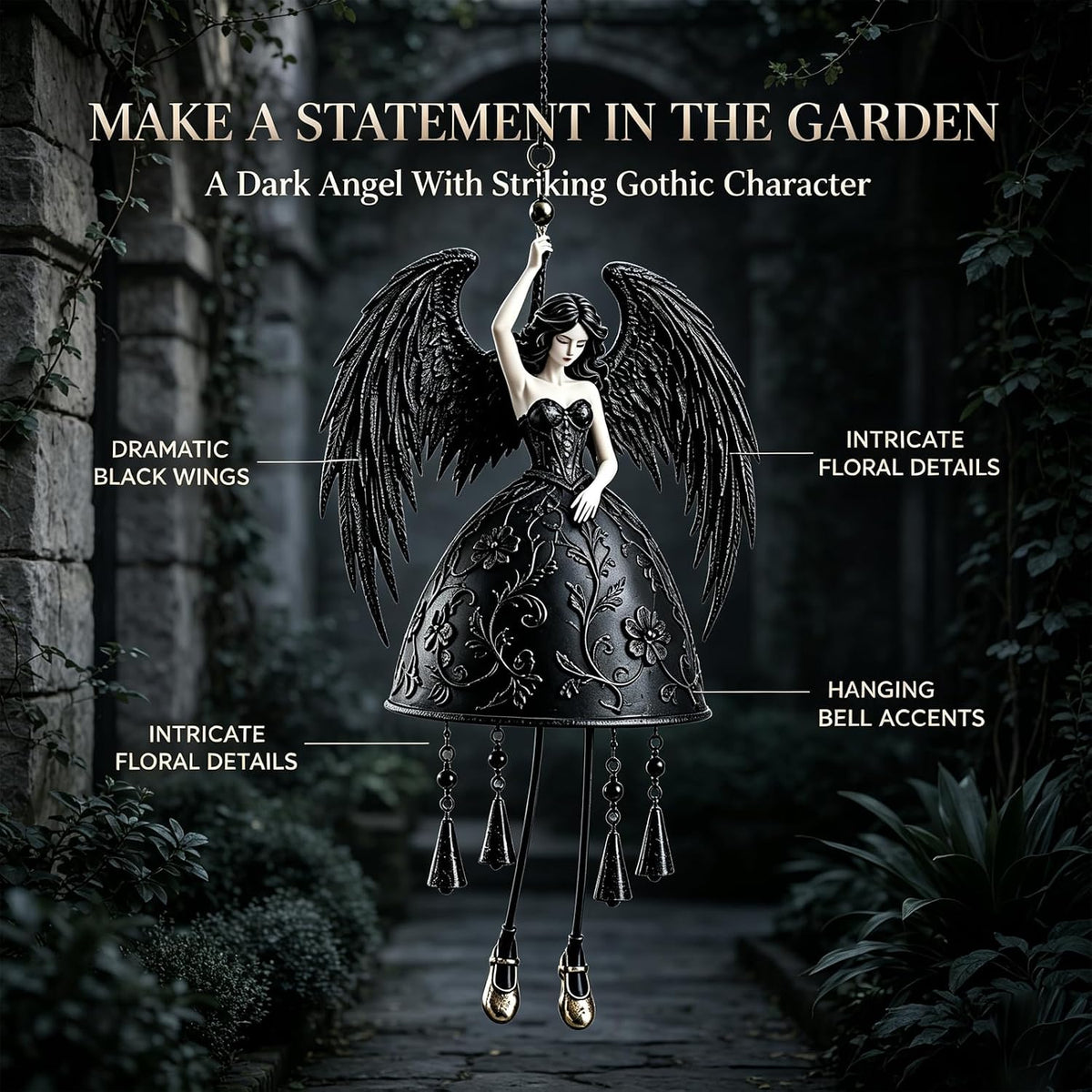 Dark Angel Gothic Wind Chime – Outdoor Garden Hanging Decor