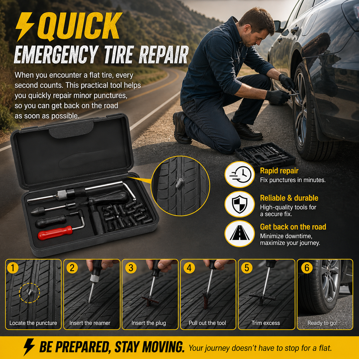 Portable Tire Repair Plug Kit – Fast Emergency Puncture Repair Tool