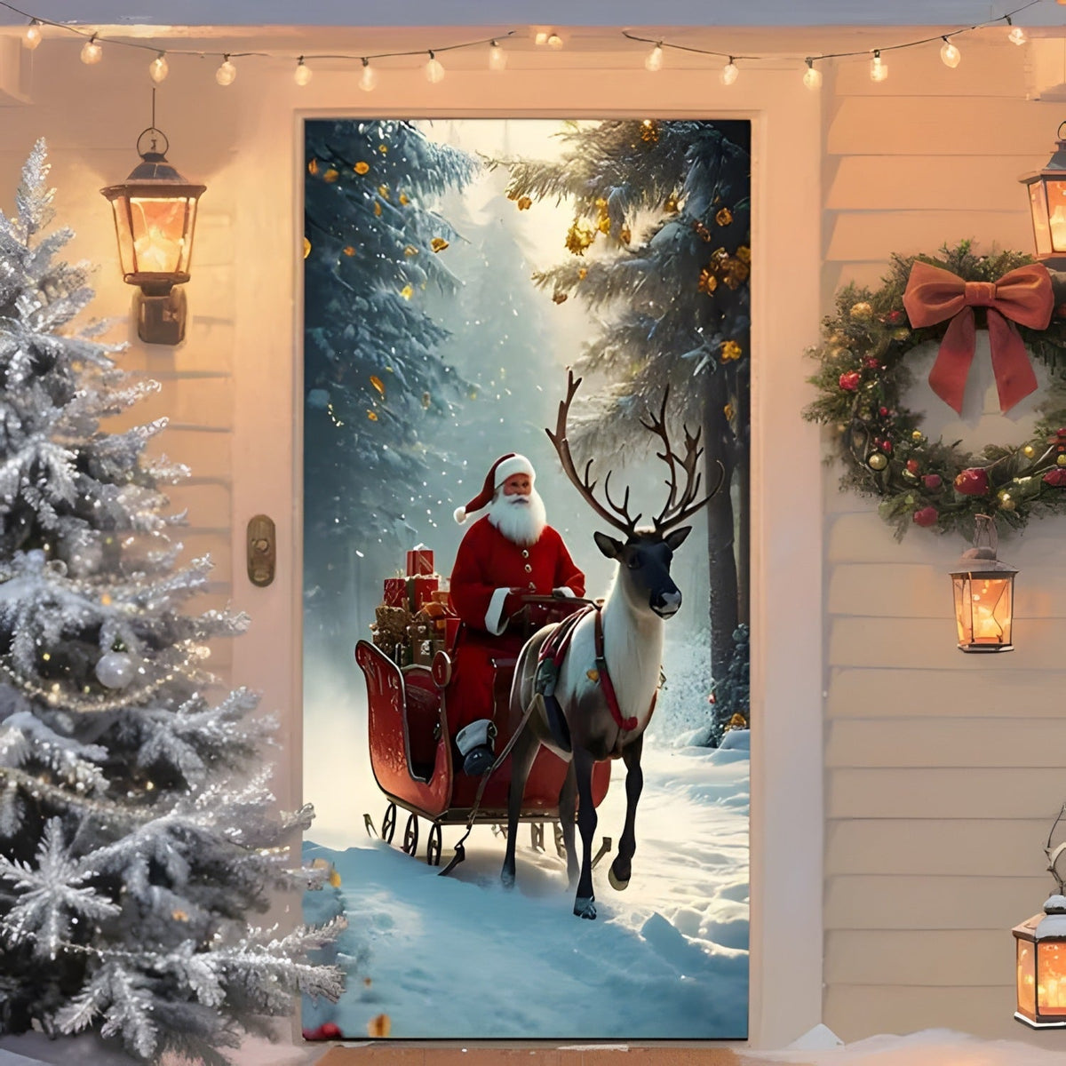 Santa & Reindeer Christmas Door Banner – Large Reusable Holiday Decor
