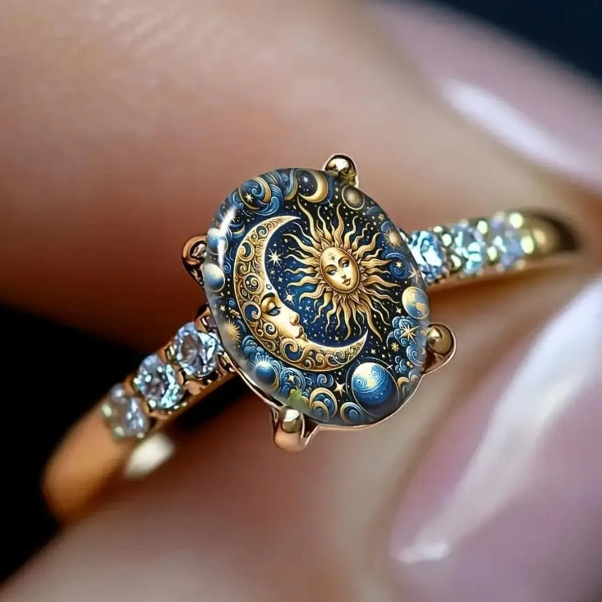 Copper Sun & Moon Celestial Enamel Ring – Mystical Cosmic Jewelry