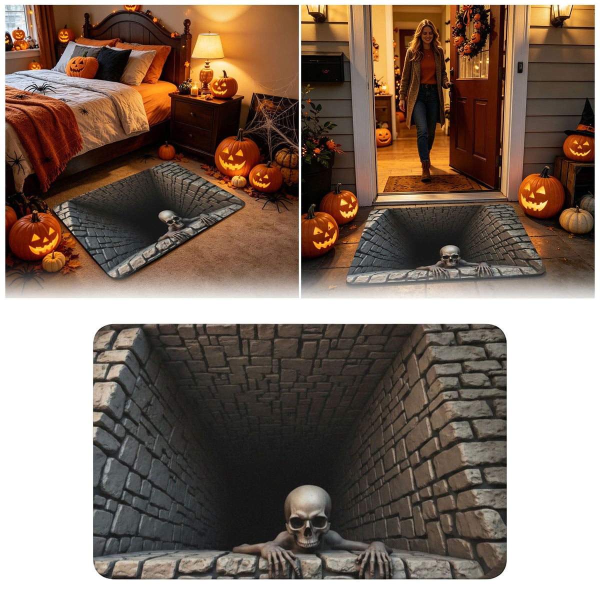 3D Halloween Skull Doormat – Optical Illusion Crystal Velvet Rug