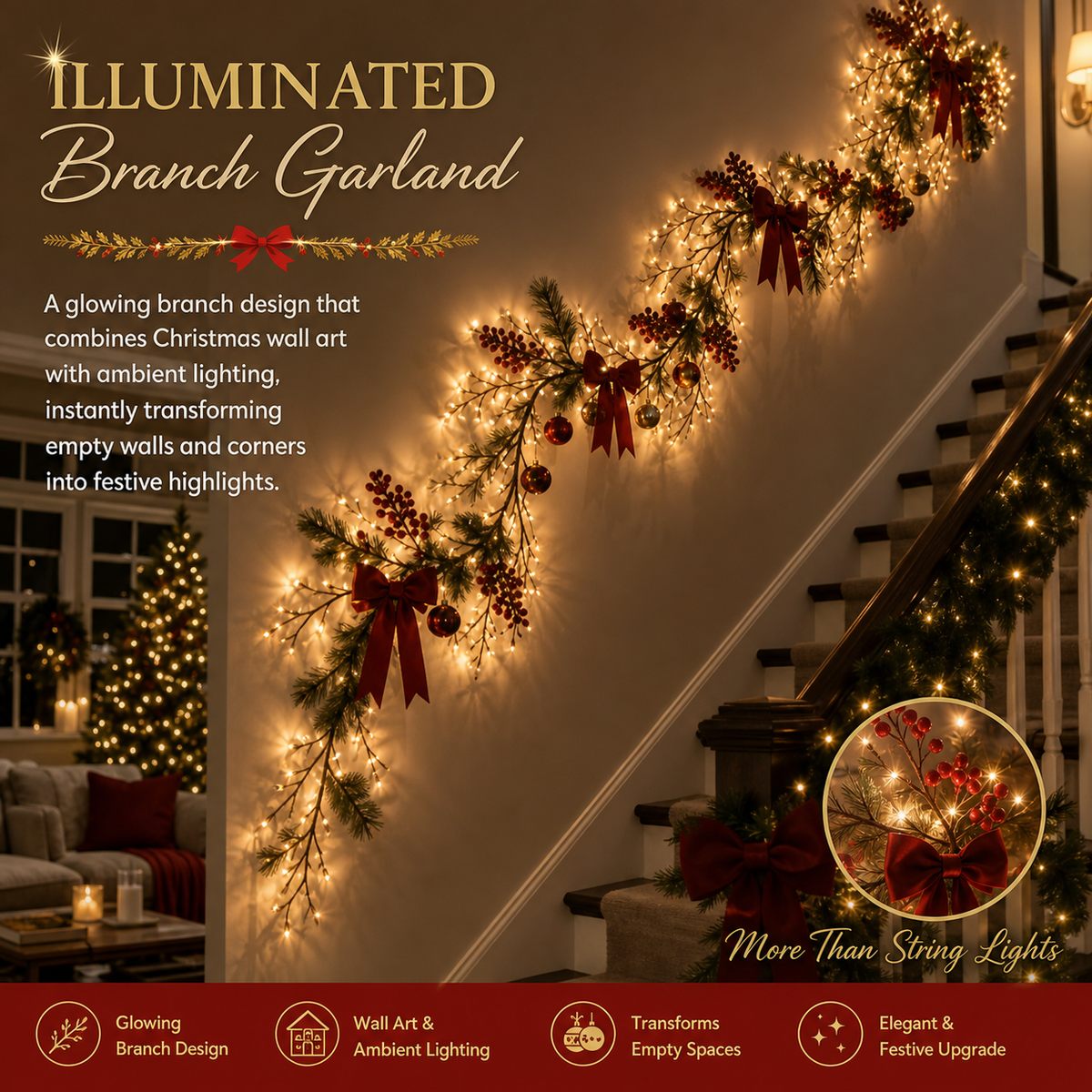 Christmas Vine Wall Lights – Flexible LED Branch Garland with Bows